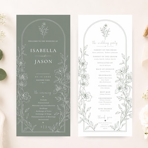 Op de afbeelding: Twee trouwprogramma kaarten. De linkerkaart is saliegroen met witte bloemenillustraties en de tekst: "Welkom bij de bruiloft van Isabella en Jason." De rechterkaart is wit met een bloemenrand en geeft de bruiloftsgasten weer.