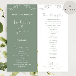 May include: A wedding program with a sage green and white design. The left side features the names "Isabella & Jason" and ceremony details. The right side lists the wedding party. The text is in a delicate, elegant font.