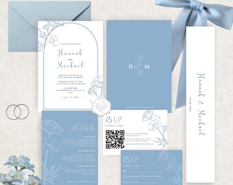 Conjunto de modelos de convites de casamento em azul-poeira floral, código QR RSVP (download digital) | DB115