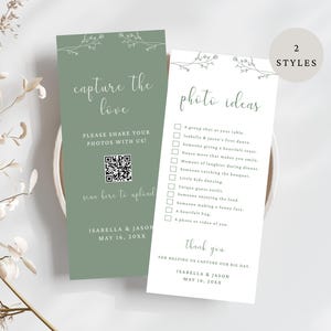 May include: Two wedding stationery cards with floral accents. One is sage green with "capture the love" and a QR code. The other is white with "photo ideas" and a checklist. Both cards include the names Isabella & Jason and the date.