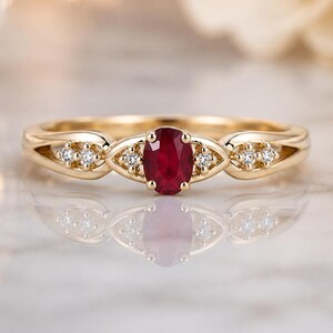 Oval Ruby Engagement Ring, Vintage Ruby Diamond Ring, Yellow Gold Promise Ring, July Birthstone Ring, Delicate Bridal Jewelry, Gift for Her