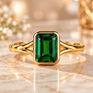 Green Gemstone Ring, Emerald Cut Gold Ring, Bezel Set Solitaire, Geometric Statement Ring, Vintage Inspired Jewelry Gift