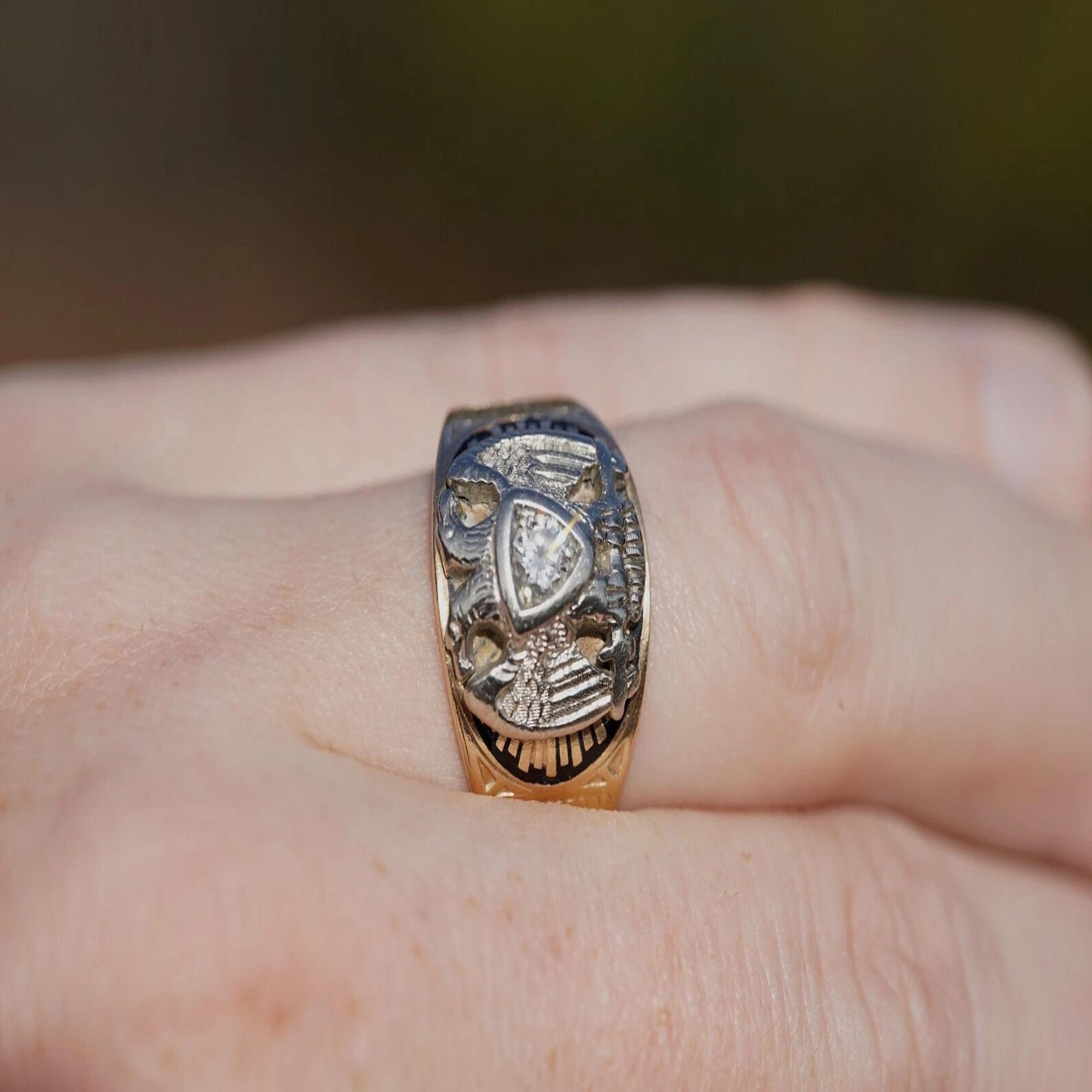 Vintage 10K Solid Gold Mens Masonic 32nd Degree Ring Natural Diamond ...
