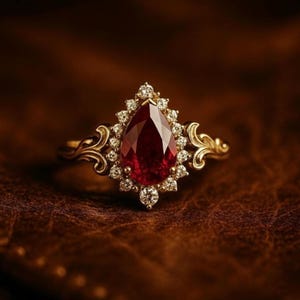 May include: A gold ring featuring a central pear-shaped deep red gemstone surrounded by a halo of small clear stones. The band displays intricate scrollwork detailing on both sides, extending from the central setting to the shank of the ring.