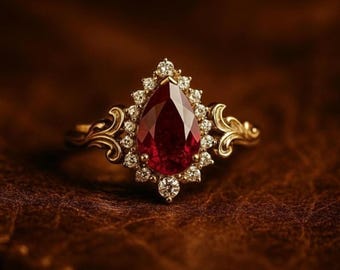 Ruby Halo Engagement Ring, Pear Ruby Ring, Vintage Gold Promise Ring, Art Nouveau Bridal Jewelry, Unique Anniversary Gift for Her