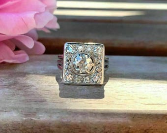 Art Deco Square Halo Diamond Ring  Diamond 14K White Gold Vintage Engagement Ring Gifts For Her
