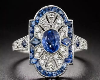 1920 Art Deco Sapphire wedding Ring Oval Blue Sapphire Halo Vintage Solid 14K White Gold Antique Engagement Ring  Gift for Her