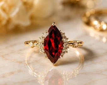 Marquise Ruby Engagement Ring, Vintage Ruby Ring, Yellow Gold Promise Ring, Art Deco Gemstone Ring, January Birthstone Gift for Her