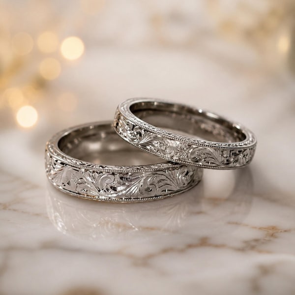 Vintage Engraved Wedding Band , Matching His and Hers Wedding Rings, Floral Scroll Band, White Gold Wedding Band, Anniversary Ring ,Gifts