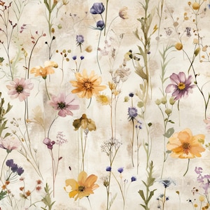 Puede incluir: Ilustraci&oacute;n en acuarela de un campo de flores silvestres en tonos morados, amarillos y rosas. Las flores se destacan sobre un fondo texturizado blanquecino, creando una est&eacute;tica suave y natural. La imagen evoca la primavera y la belleza natural.