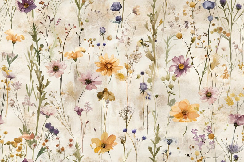 Puede incluir: Ilustraci&oacute;n en acuarela de un campo de flores silvestres en tonos morados, amarillos y rosas. Las flores se destacan sobre un fondo texturizado blanquecino, creando una est&eacute;tica suave y natural. La imagen evoca la primavera y la belleza natural.