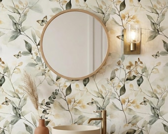 Papel pintado de mariposas en acuarela y hojas florales, mural de pared autoadhesivo, decoración de pared inspirada en la naturaleza, verde salvia y beige, removible.
