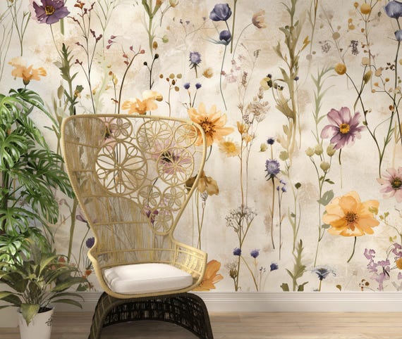 Vintage Wildflower Wallpaper, Boho Floral Wallpaper, Neutral Botanical Wall Decor, Rustic Cottagecore Removable Peel and Stick Vinyl Mural