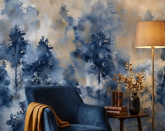 Papel pintado de acuarela de bosque azul melancólico, arte mural abstracto de naturaleza, decoración mural dramática y oscura, fondo minimalista de estilo Japandi