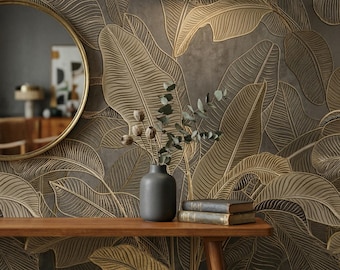 Papel pintado de lujo con hojas tropicales doradas - Mural botánico Art Déco - Diseño floral oscuro autoadhesivo