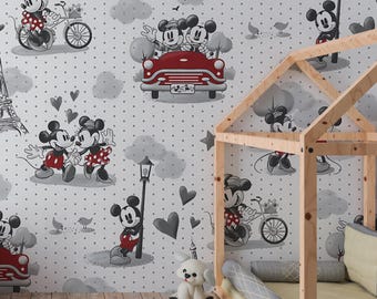 Papel pintado de Mickey y Minnie: un bonito mural de pared infantil estilo Disney, vinilo extraíble y autoadhesivo.