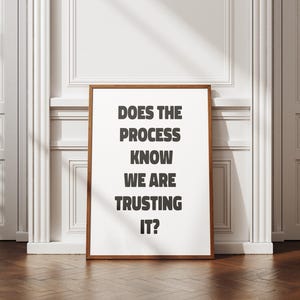 Puede incluir: Un cuadro enmarcado con el texto "DOES THE PROCESS KNOW WE ARE TRUSTING IT?" en letras negras. El marco es marrón y el fondo es blanco. El cuadro está apoyado contra una pared con puertas blancas y un suelo de madera.