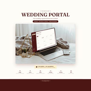 May include: A digital wedding portal interface displayed on a laptop screen, featuring a dark maroon sidebar and white dashboard. The text reads Wedding Portal, Your wedding, organized from start to finish, and A real website — not a spreadsheet.