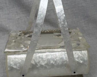 Vintage Rialto NY Lucite Purse white Pearl Clear Floral Lid Handbag Clutch 50s