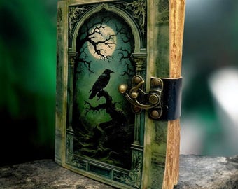 Diario grimorio gótico de la luna del cuervo, libro de sombras hecho a mano con cerradura vintage