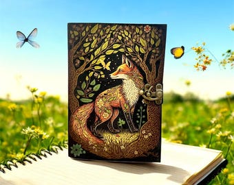 Diario de cuero inspirado en la naturaleza Celestial Fox: diario artesanal con candado, regalo para ella/él
