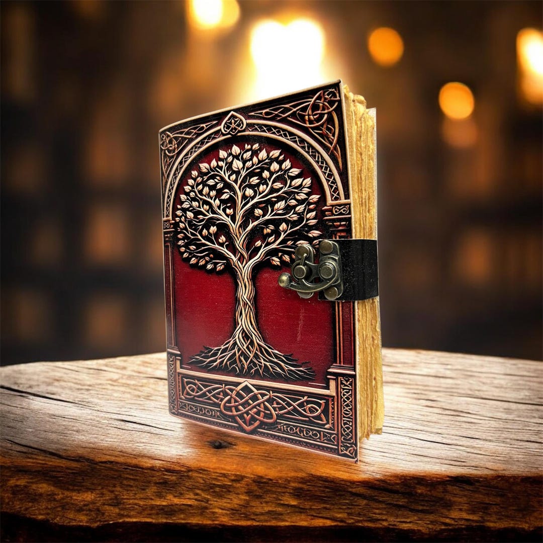 Red Tree of Life Grimoire Leather Journal – Brass Lock Diary for Gift ...