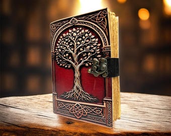 Diario de cuero con grimorio del Árbol de la Vida Rojo: diario con cerradura de latón para regalarle a él o a ella.