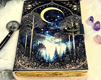 Diario Grimorio del Bosque Iluminado por la Luna, Libro de Hechizos de la Luna Celestial, Diario de Brujería, Libro Pagano de las Sombras, Diario de Cuero Hecho a Mano, Regalo de Brujería