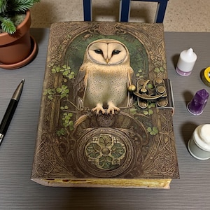 May include: A detailed journal with a barn owl illustration on the cover. The cover features a brass clasp and intricate Celtic knotwork design. The owl is perched on a branch with green shamrocks. The journal is brown and green.