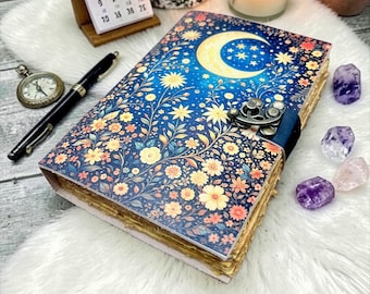 Diario floral de fases lunares / Diario de hechizos hecho a mano / Cuaderno de grimorio celestial / Diario con cerradura antigua / Cuaderno de escritura con papel desbarbado
