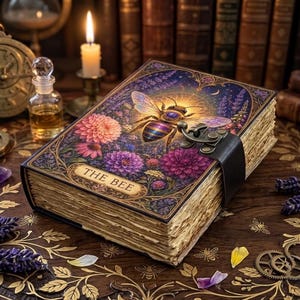 May include: A hardcover book titled THE BEE with a dark purple cover featuring a central bee illustration, colorful floral patterns, and a metal latch closure. The book has thick, deckled-edge pages and is decorated with intricate gold-toned accents.