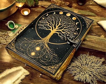 Cuaderno de cuero con diseño de árbol dorado, estilo vintage inspirado en la naturaleza, con candado. Agenda de papel desbarbado hecha a mano.