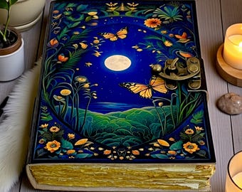 Diario de mariposas y luna / Cuaderno de naturaleza celestial / Diario vintage con flores y cielo nocturno / Diario de fantasía mística / Libro de regalo hecho a mano