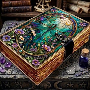 May include: A thick, rectangular book with a stained-glass style cover featuring a large teal dragonfly, purple and white flowers, and green foliage. The book has aged, deckled paper edges and a black metal latch closure on the side.