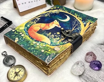 Diario del Zorro Lunar, grimorio vintage hecho a mano, libro de las sombras, regalo para escritor.