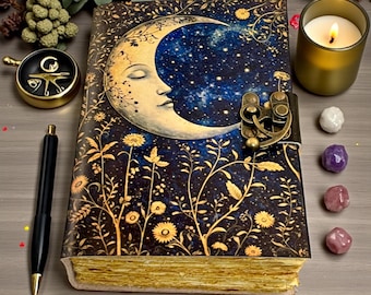 Diario personalizado de luna celestial con candado / Diario vintage de cielo nocturno / Cuaderno de grimorio astrológico / Diario hecho a mano / Libro de regalo de brujas