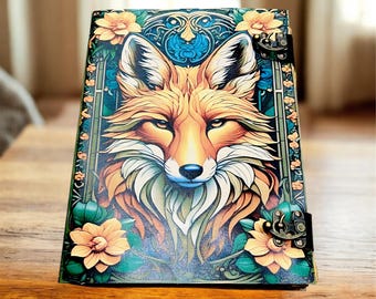 Diario de piel de zorro hecho a mano / Diario vintage con motivos florales y animales salvajes / Cuaderno de viaje para escribir bocetos