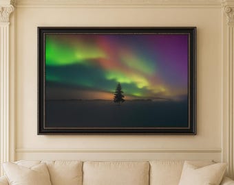 Arte digital de pared de la aurora boreal / Impresión de paisaje de la aurora boreal / Fotografía colorida del cielo nocturno