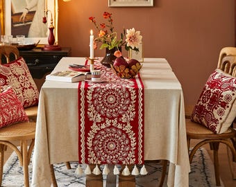 Red Embroidered Table Runner, Floral Tassel Dining Table Decor