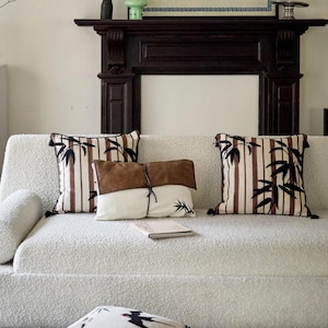 Bamboo Pillow Cover, Faux Leather Accent Cushion, Minimalist Oriental Lumbar Pillow, Custom Size