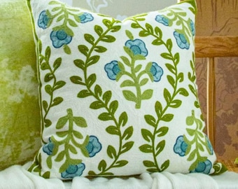 Floral Jacquard Pillow Cover, Green Botanical Throw Pillow, Embroidered Cushion