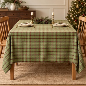 Green Plaid Cotton Tablecloth, Christmas Tartan Table Cover, Farmhouse Holiday Dining Decor, Custom Size