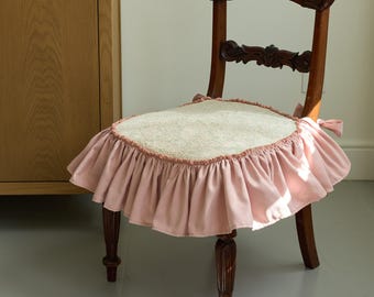 French Cottage Chair Cover, Non Slip Ruffle Pad  with Ties, Custom Pink Chair Cushion