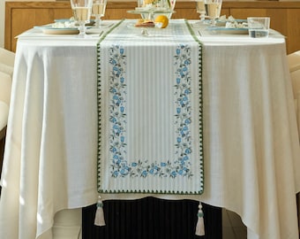Waterproof Farmhouse Blue Bell Floral Runner with Tassels, Custom Size
