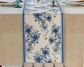 Blue Floral Table Runner with Tassels, Chinese Style Linen Blend Table Decor