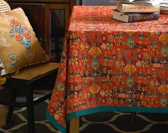 Kilim Tablecloth, Boho Geometric Linen Table Cover, Tribal Dining Decor, Custom Size