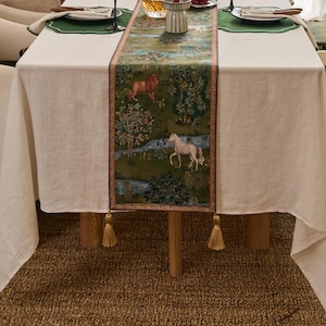 Camino de mesa verde de imitación cachemir, paisaje ecuestre, decoración rústica, tamaño personalizado.