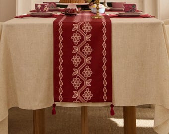 Red Floral Embroidered Table Runner, Elegant Dining Table Accent with Tassels, Custom Size