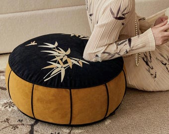 Round Pouf Ottoman, Bamboo Embroidery Floor Cushion, Custom Size (Cover Only)