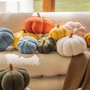 May include: A selection of plush pumpkin-shaped cushions in shades of orange, yellow, green, blue, and white. Each cushion has a stem and is arranged on a beige sofa, creating a cosy, autumnal theme.